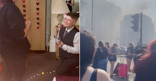 Cặp đôi đang cầu hôn lãng mạn thì khách sạn bốc cháy